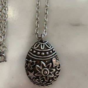 Pewter Egg Necklace.  Chain Measures Approx 24”. Egg 1.5” H, 1”W